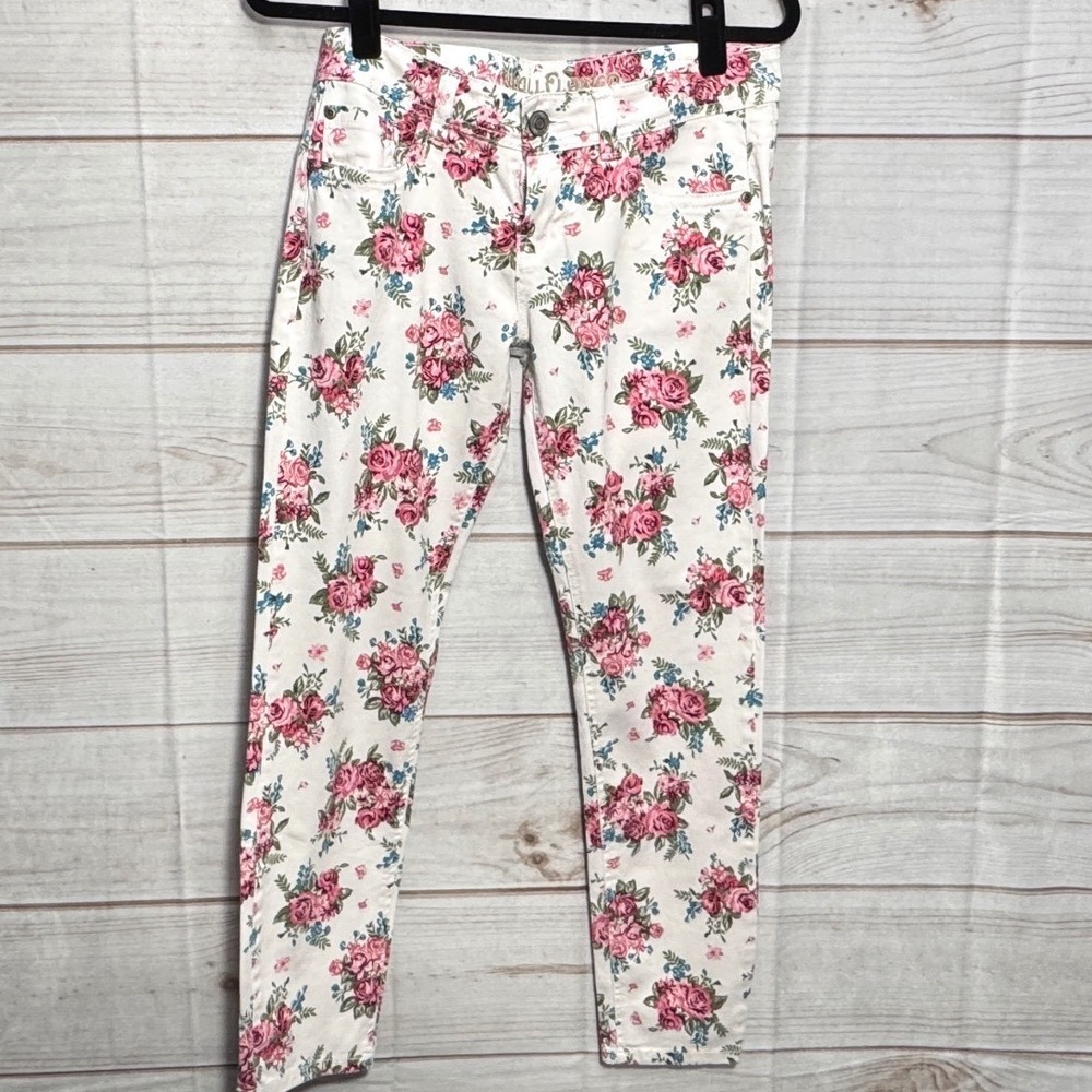 WallFlower Floral Skinny Jeans Womens 9 Pink Blue Rose Print Stretch Denim